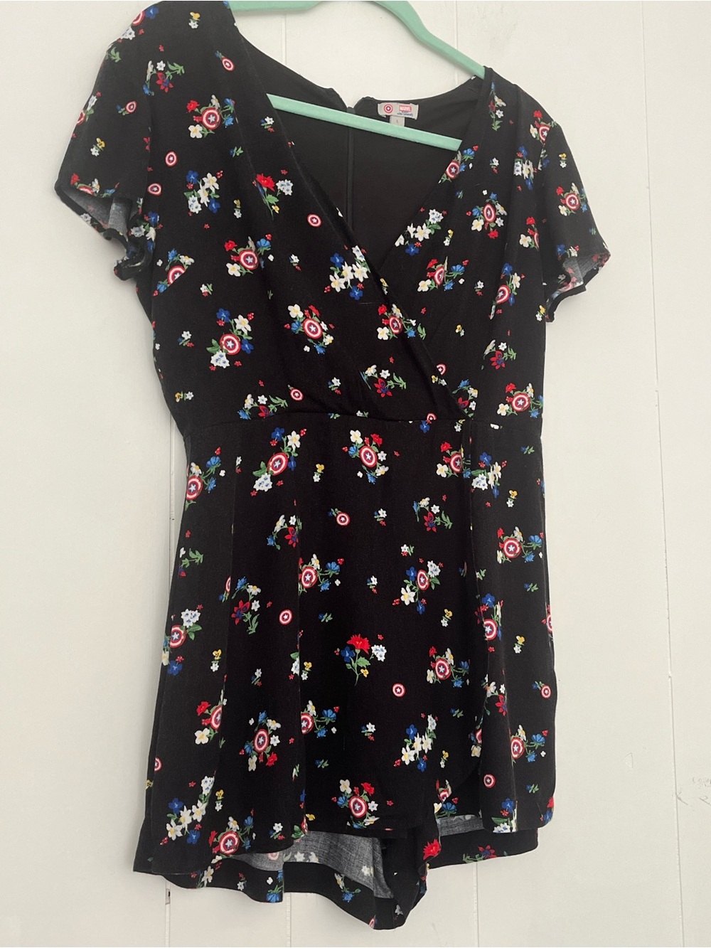 MARVEL Her Universe Captain America Black Floral Faux Wrap Romper Size Large